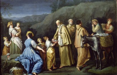 Young Girl Offering Eggs to a Group of Monks by Giuseppe Gambarini